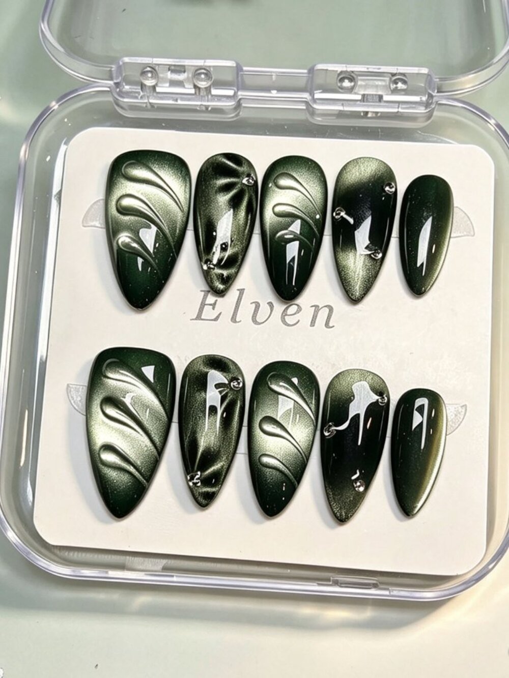 Dark Green Cat Eye Medium Almond Handmade Press On Nails With Floral Accents